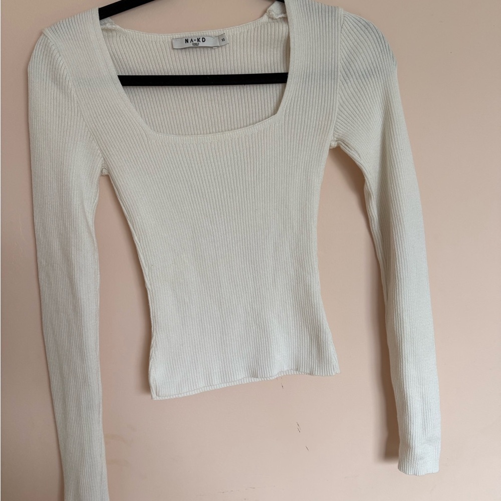 NA-KD Women's White Ribbed Long Sleeve Top